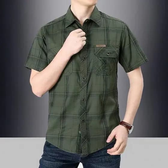 2025 verão negócios Casual xadrez camisa de manga curta de meia-idade jovens algodão puro solto militar sobre
