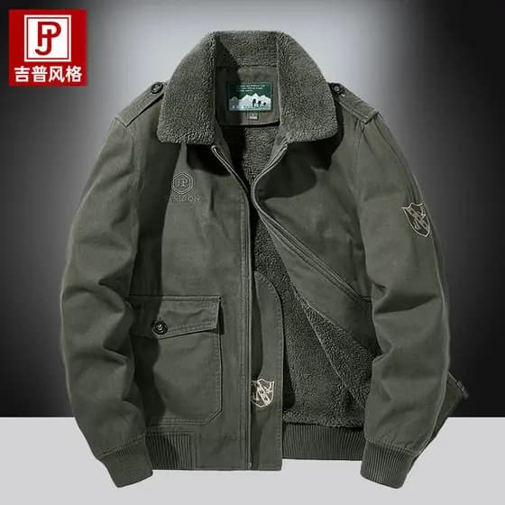 Jaqueta de vôo masculina outono inverno forro de lã engrossado tamanho grande gola de pele militar brigada puro algodão