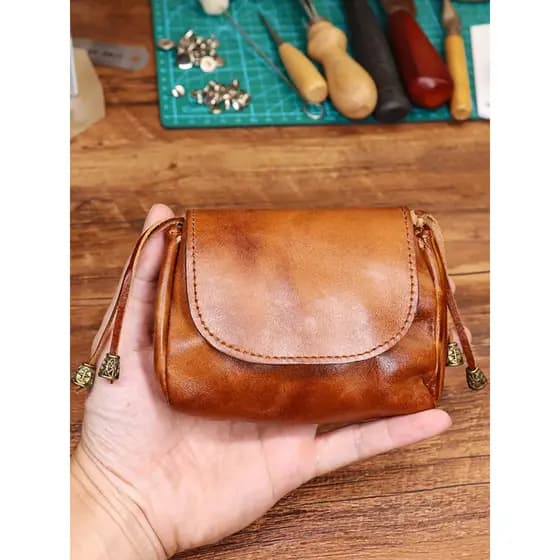 Bolsa de moedas de couro curtido vegetal, cor polida à mão, masculina, feminina, retrô, porta-cartões, primeira camada,