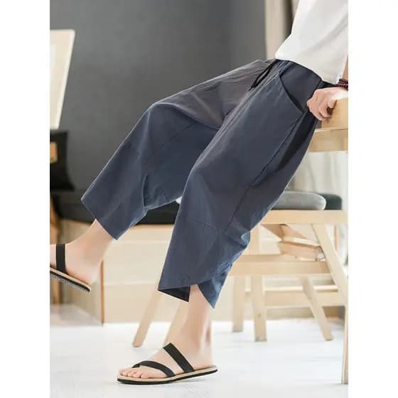 Calças cortadas masculinas estilo chinês verão fino algodão linho calças retas Retro solto calças de perna larga tamanho