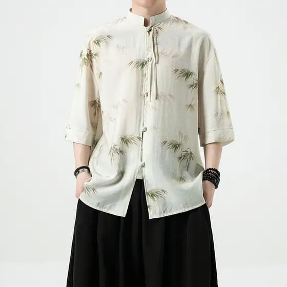 Melhorado Hanfu masculino estilo chinês verão fino gelo seda camisa de manga curta Retro Tang terno solto tamanho grande