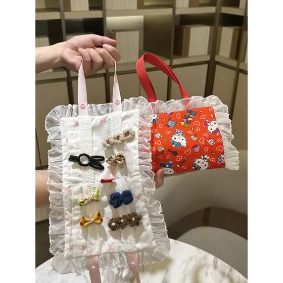 Tecido feito à mão dos desenhos animados borda do laço hairpin saco de armazenamento acessórios para o cabelo das crianç