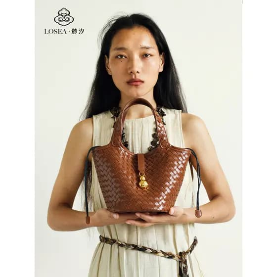 LOSEA LOSEA < Guanzai > Bolsa de cesta de vegetais de cabaça tecida à mão Original feminina bolsa de ombro marrom