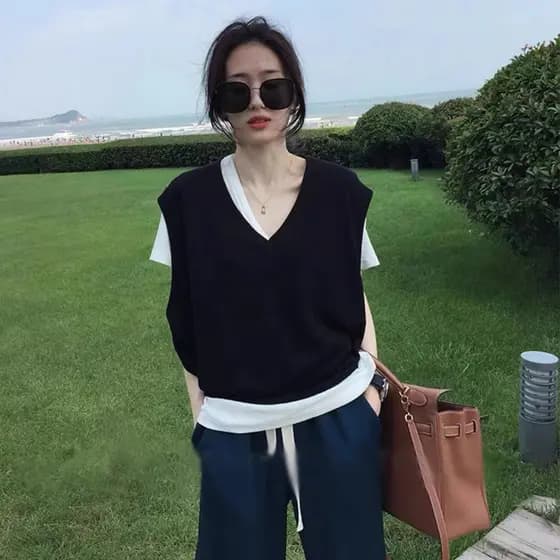 Primavera outono novo estilo com decote em V Cashmere malha colete feminino solto estilo Preppy sem mangas camisola cole