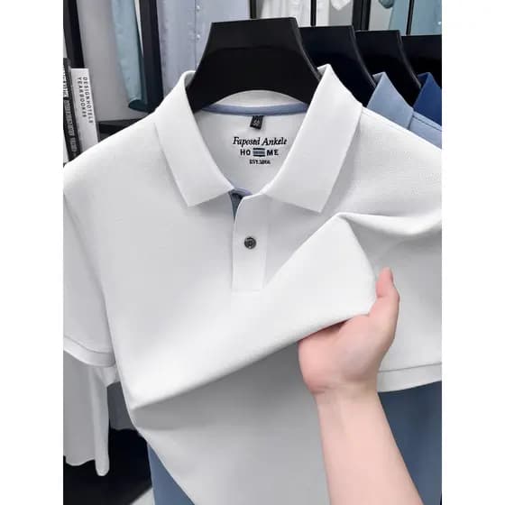 Hem fenda 2026 novo estilo lapela camisa polo masculina de manga curta camiseta negócios Casual moda topo meia manga alg