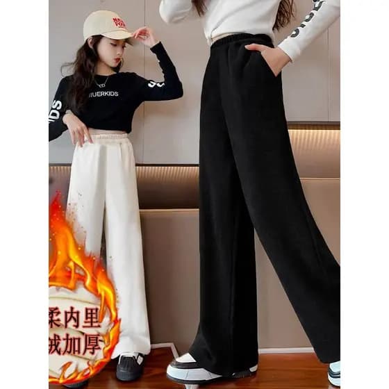 Forro de lã engrossado outono inverno meninas calças de cor sólida 2026 novo estilo moda calças de perna reta médio gran