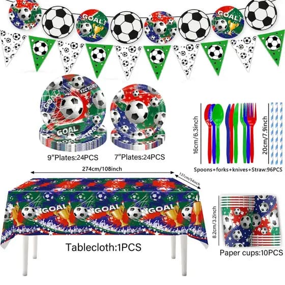 Conjunto de festa temática de futebol-decoração de aniversário-prato de jantar, copo, toalha de mesa