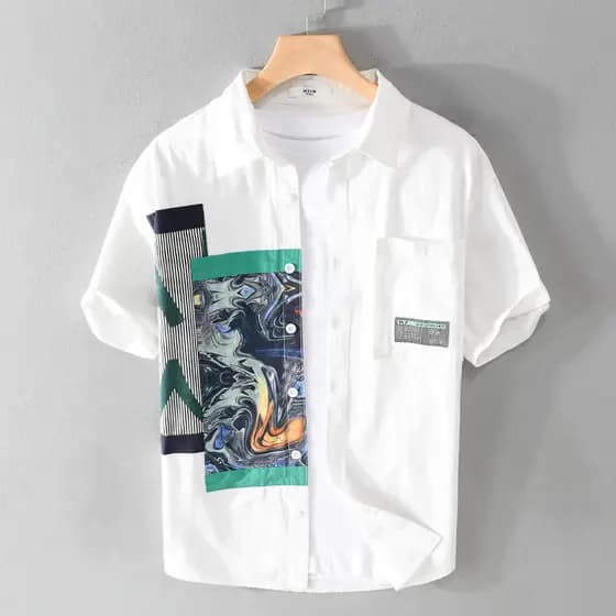 Design camisa de verão masculina de manga curta Popular rufião bonito solto fino Casual impresso juventude camisa branca