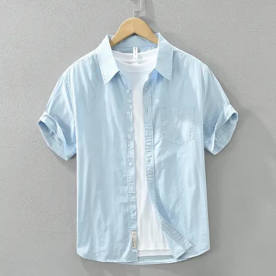 Camisa masculina de manga curta de algodão puro estilo Casual lapela azul All-Match juventude estilo fino camisa masculi