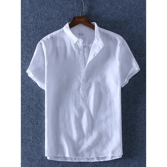 Sabaqi fino de manga curta camisa de linho puro masculina lapela camisa POLO solta Casual pulôver camisa de meia manga