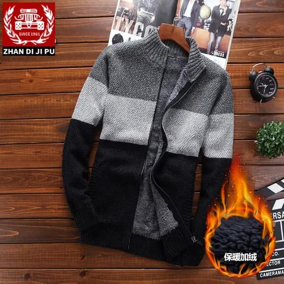 Autêntico novo estilo masculino camisola engrossado Cardigan gola alta camisola masculina cor sólida forro de lã camisol