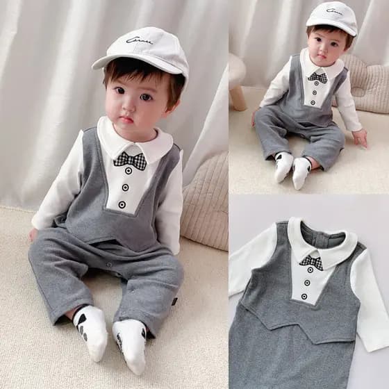 Macacão de bebê macacão de bebê gravata borboleta falso macacão de duas peças menino vestido de um ano macacão primavera