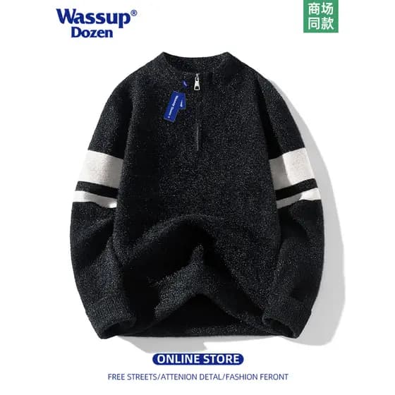 WASSUP DOZEN Suéter americano com meio zíper masculino outono inverno roupa de rua suéter de malha solta jaqueta de casa