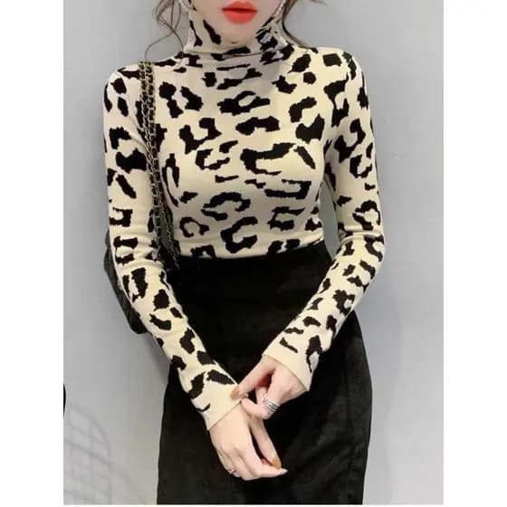 Moda 2022 outono novo estilo Retro leopardo impressão estilo ocidental topo fino-ajuste meia gola alta forro de lã All-m
