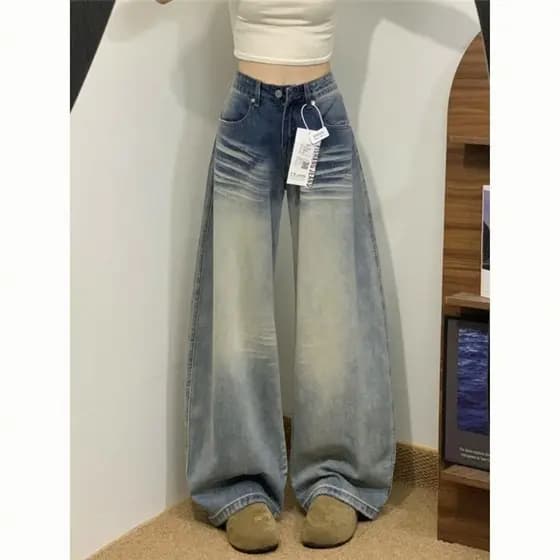 Pequeno lavado bordado vinco Machete Jeans de perna larga feminino outono novo estilo All-Match solto mais magro