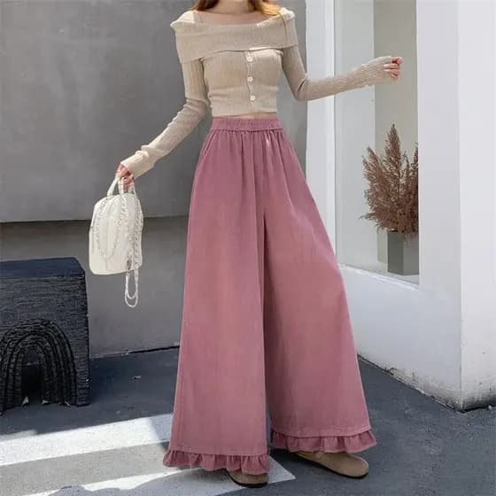 Rosa veludo babados calças de perna larga outono inverno forro de lã engrossado feminino cintura alta Drape solto mais m