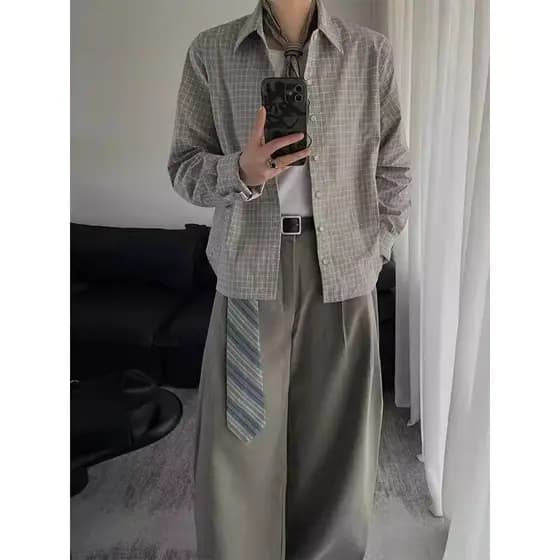 Americano Retro cinza-verde xadrez baixa chave cor camisa de manga comprida masculina cleanfit Casual solto camisa xadre