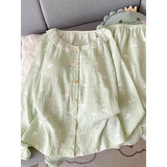 Nuvem pijamas de algodão feminino primavera outono com almofada no peito calças de manga comprida terno 2025 novo estilo