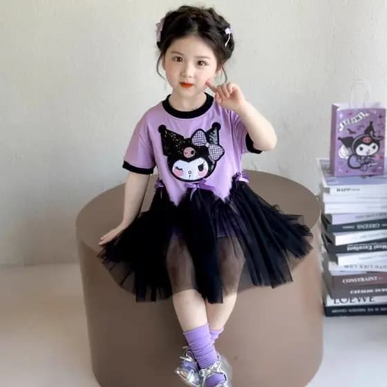 Meninas Kuromi vestido de verão novo estilo moda crianças de manga curta vestido de princesa bebê vestido de verão costu