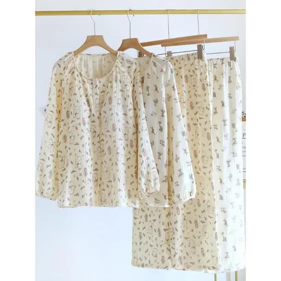 Primavera outono pijamas de algodão puro feminino de manga comprida com almofada No peito sem sutiã solto tamanho grande