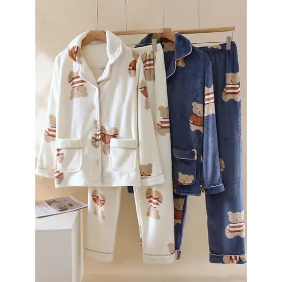 Casal pijamas outono inverno Coral velo masculino feminino engrossado mais velo calças de manga comprida flanela