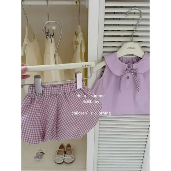 Meninas verão terno roxo boneca colarinho colete xadrez Bud calças bonito moda bebê algodão terno de duas peças