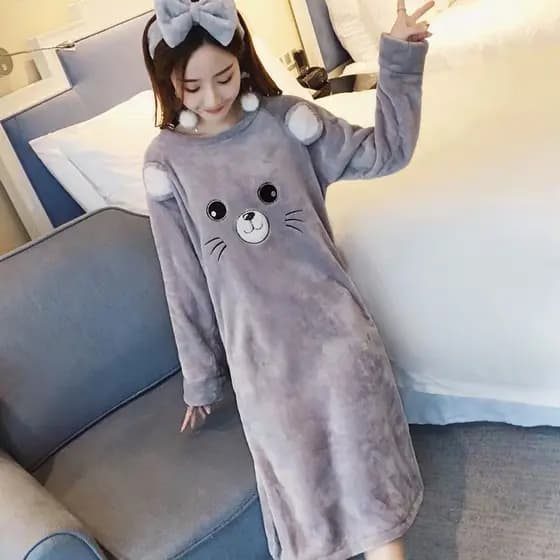 Pijamas femininos outono inverno de manga comprida camisola feminina inverno Coral velo versão coreana dos desenhos anim