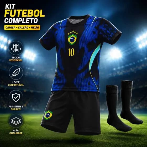 Conjunto Infantil de Futebol completo com meião menino e menina 04 ao 14
