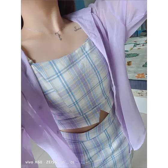 Pequeno terno roxo 2026 verão novo estilo feminino BM estilo protetor solar camisa estilingue saia de três peças feminin