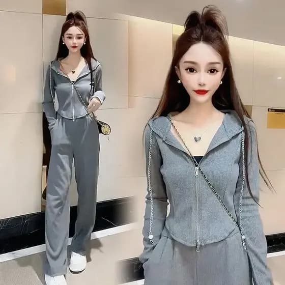 Terno esportivo casual feminino 2026 outono novo estilo com capuz Cardigan moletom calças casuais mais magro olhar elega