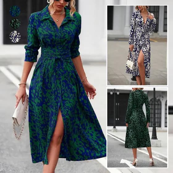 Vestido Camisa Estampado Feminino Manga Longa com Laço na Cintura e Fenda Estilo Casual Chic