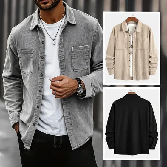 Jaqueta Casual Masculina em Veludo Canelado Adequado para Uso Diário Estilo Primavera Outono Camisa