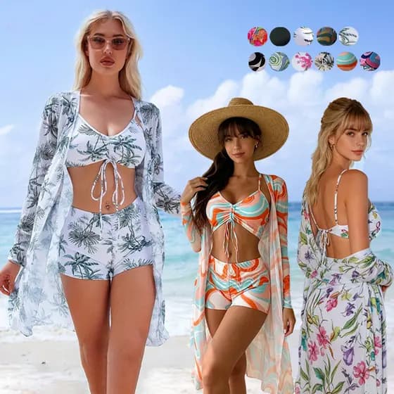 Conjunto de Biquíni 3 Peças Feminino com Saída Cintura Alta Estampado Moda Praia