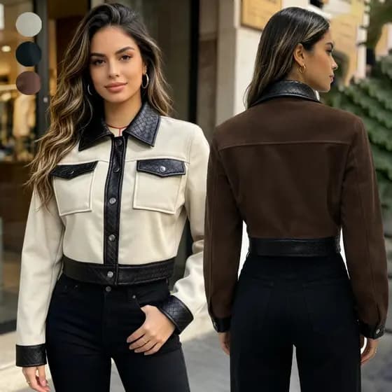 Jaqueta Feminina Curta Patchwork com Estampa de Diamante Casaco Quente para Outono Inverno