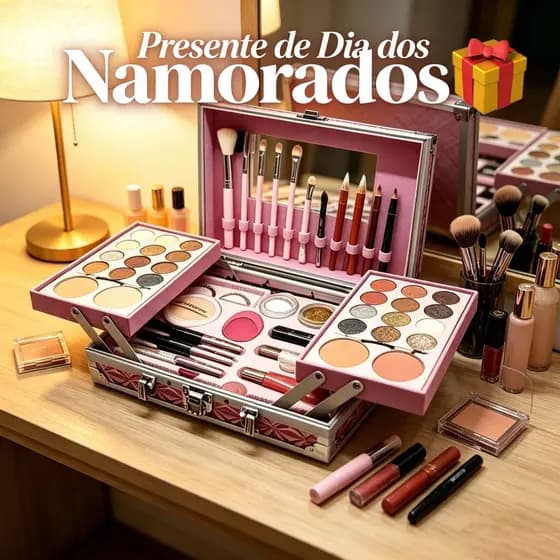 Maleta Completa de Maquiagem Luxo Presente Dia dos Namorados Sombra Blush Iluminador Cores Dourado Prata Rosa