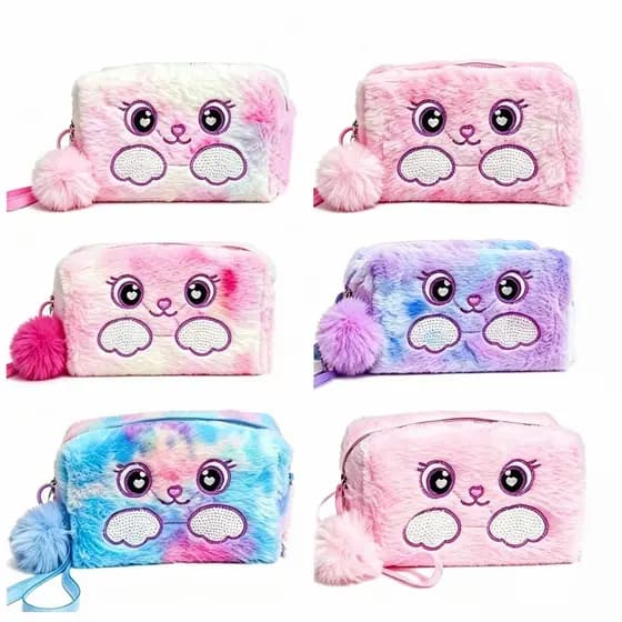 Necessaire de Pelúcia Fofa com Personagem e Tie-Dye para Maquiagem e Cosméticos