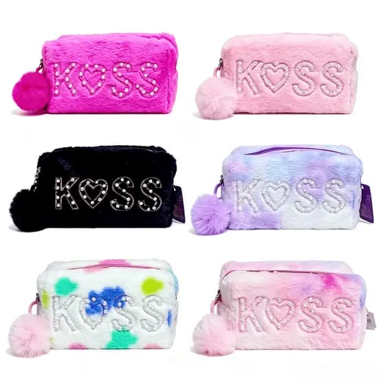 Necessaire de Pelúcia com Letras KOSS em Strass e Pompom para Maquiagem