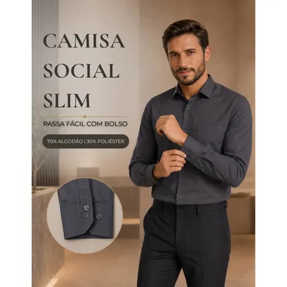 Camisa Social Masculina Manga Longa Com Bolso Forma Tradicional Tecido Misto Slim Fit Casual Formal Trabalho Uniforme