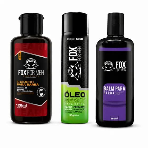 Kit Óleo Spray 60ml + Balm 120ml + Shampoo Barba 120ml Fox For Men Barba Macia Alinhada Sem Frizz