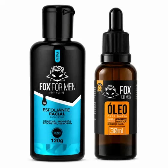 Kit Esfoliante Facial Pré Barba 120g + Óleo Para Barba 30ml Fox For Men Pele Lisa Brilho Natural