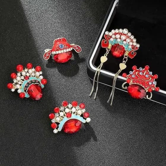 Estilo chinês ópera Peking opera coroa borla crachá colar pino masculino noivo casamento pino casal par broche feminino