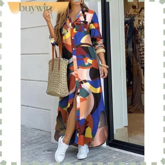 Vestido longo casual soltinho feminino com lapela estampada manga longa