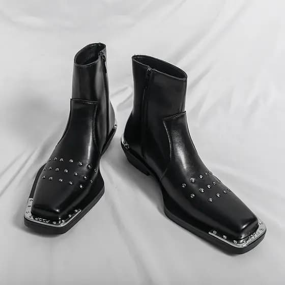 Estilo Punk dedo do pé quadrado rebites Chelsea botas masculinas de cano médio botas curtas estilo britânico na moda aum