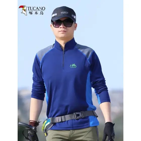 Woodpecker genuíno primavera verão fino gola alta esportes ao ar livre roupas de secagem rápida masculina de manga compr