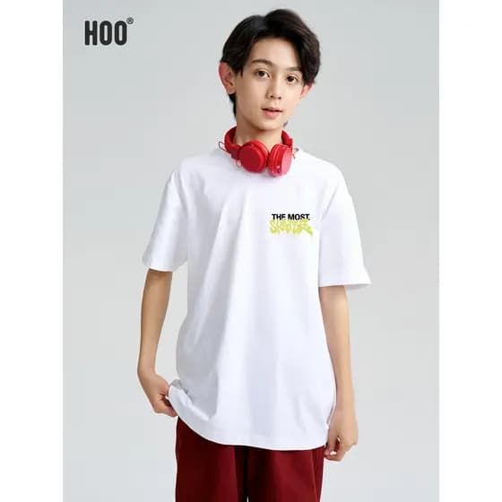 Hoo meninos camiseta de manga curta verão nacional na moda pesado médio grande crianças solto Casual meio-