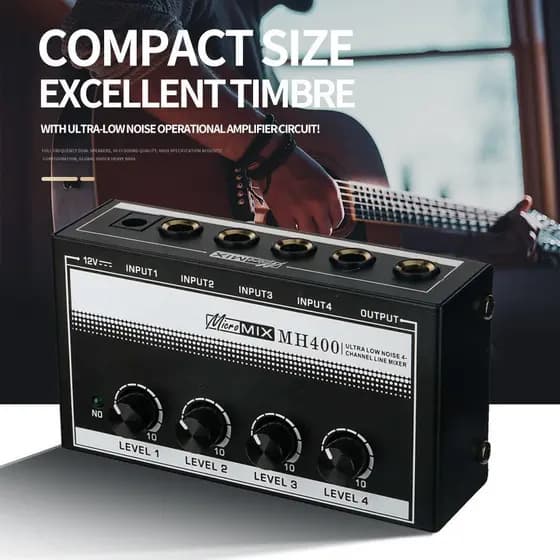 Mini Mixer de Quatro Canais com Saída Quatro em Um para Microfone e Instrumento MH400, Mixer de Áudio Profissional Compa