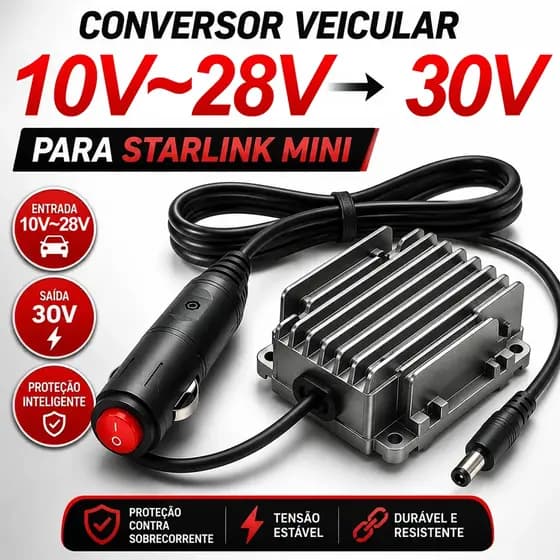 Conversor Dc com Botão P/ Starlink Mini 10V/28v 30v 3 Em 1 Veicular 3 metros Carregador p/ Carro Para De Com Step Up