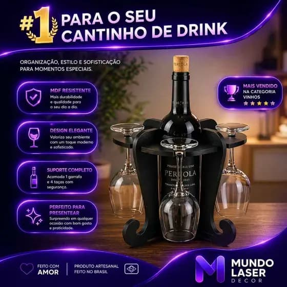 Adega Suporte 4 Taças e Vinho Elegância Praticidade Bancada Mesa Mdf