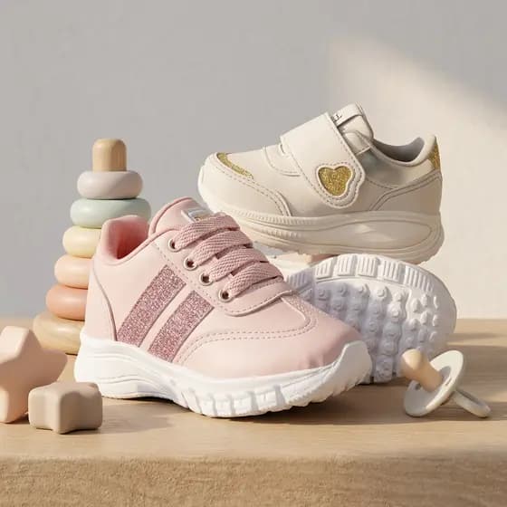 KIT 2 PARES Tênis Infantil Feminino Casual Delicado com Coração e Glitter
