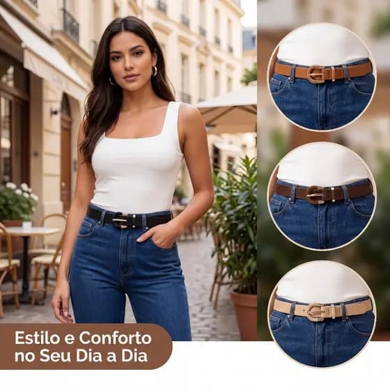 Cinto Feminino Fino de Couro Sintético com Fivela Decorada Ajustável Elegante, Casual e Versátil